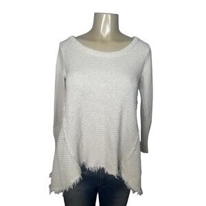 Anthropologie Kaisley Sweater Pullover Womens Medium Tan Cotton Fringe Hem Knit